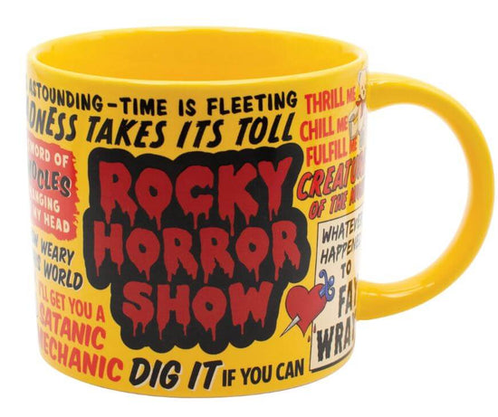 Introducing the Rocky Horror Show Quote Mug by Danna Bananas – a vibrant yellow mug adorned with "Rocky Horror Show" in striking red, surrounded by an array of quirky phrases such as "Dig it if you can" and "Astounding - time is fleeting" in diverse fonts. This eclectic design makes it the perfect fan collectible for any enthusiast.