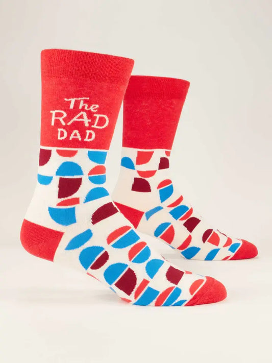 The Rad Dad Men's Socks with red, blue, and white geometric patterns, perfect novelty gift for cool dads.