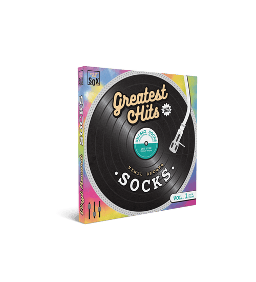 Step up your style game with these "Greatest Hits" Vinyl Record Socks, a must-have for music lovers. (package)