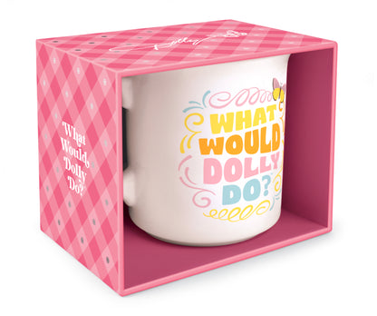 What Would Dolly Do coffee mug in pink gift box with colourful retro lettering, Dolly Parton inspired novelty mug