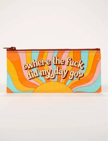 Blue Q Where’d My Day Go pencil case with a colourful retro sunrise design and the words “Where the fuck did my day go?”