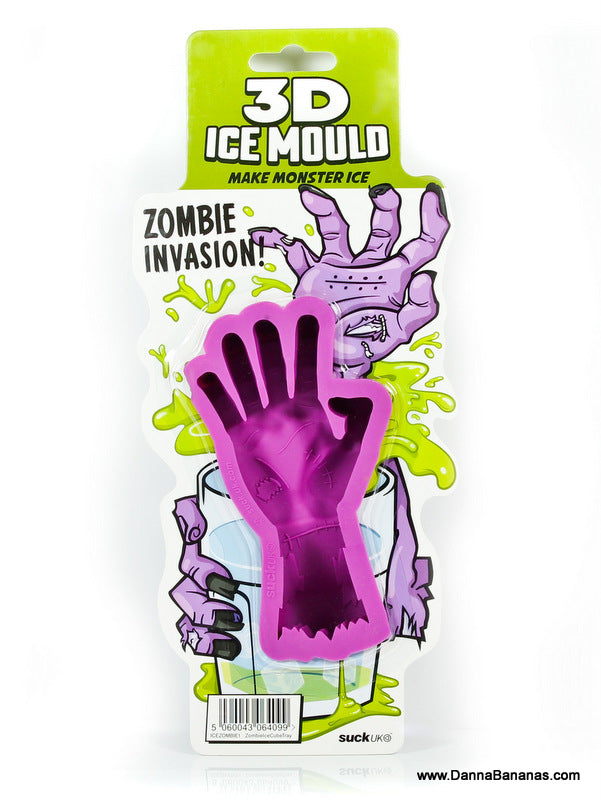Purple silicone zombie hand 3D ice mould in Halloween packaging