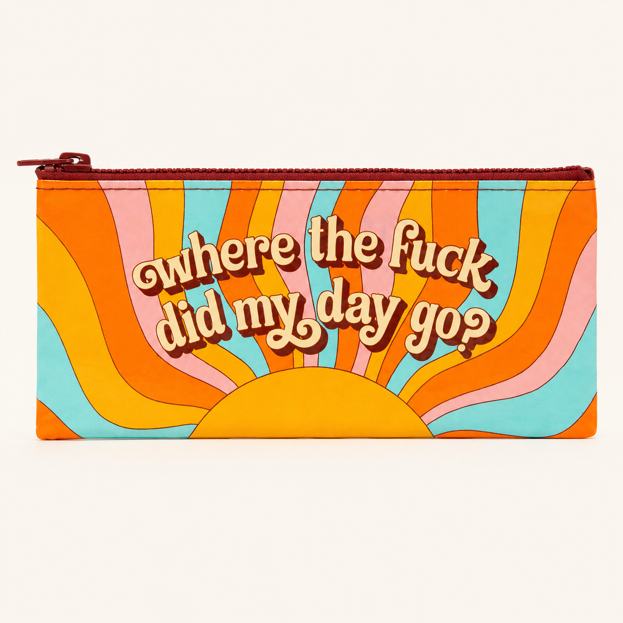 Blue Q Where’d My Day Go retro zippered pencil case on a plain background