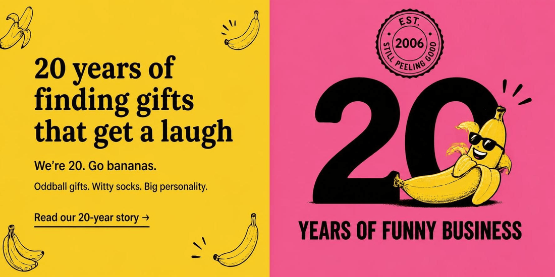 Split yellow-and-pink Danna Bananas 20th anniversary graphic with celebratory text, a large black 20, a reclining cartoon banana, a circular “Est. 2006” seal reading “Still Peeling Good,” and the words “Years of Funny Business.”