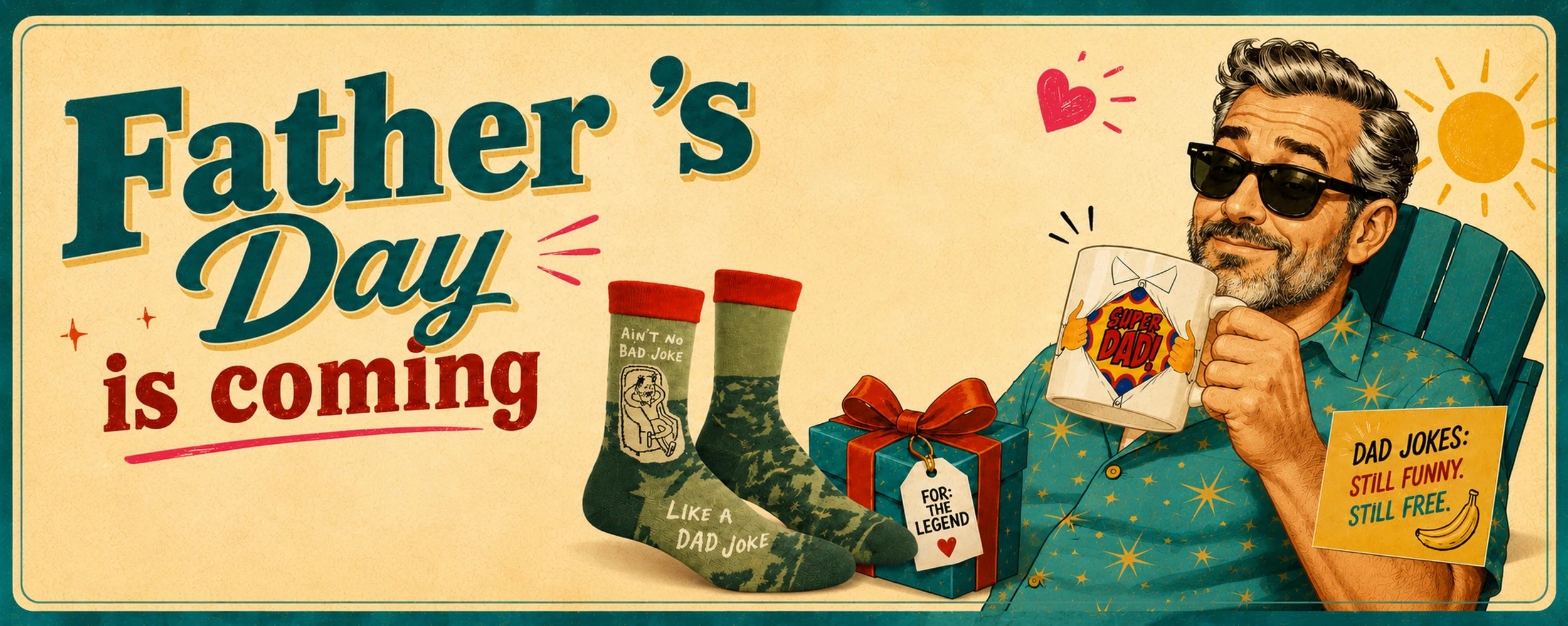 Retro Father’s Day hero image featuring funny gifts for Dad from Danna Bananas, including dad joke socks, a Super Dad mug, a gift box, and a vintage-style dad illustration.