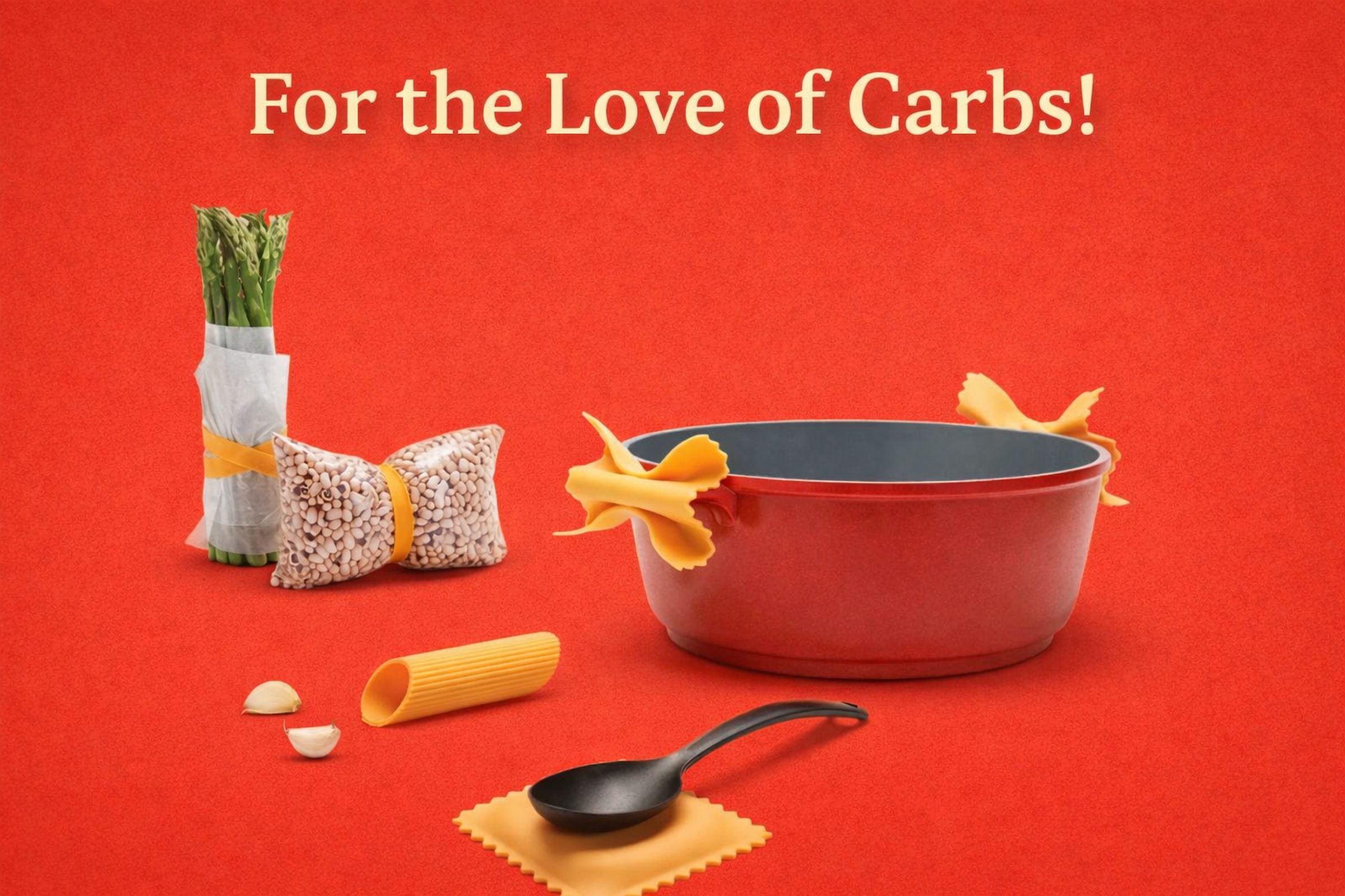 Pasta Grande silicone kitchen tools styled with “For the Love of Carbs” text, a funny kitchen gift for pasta lovers across Canada.