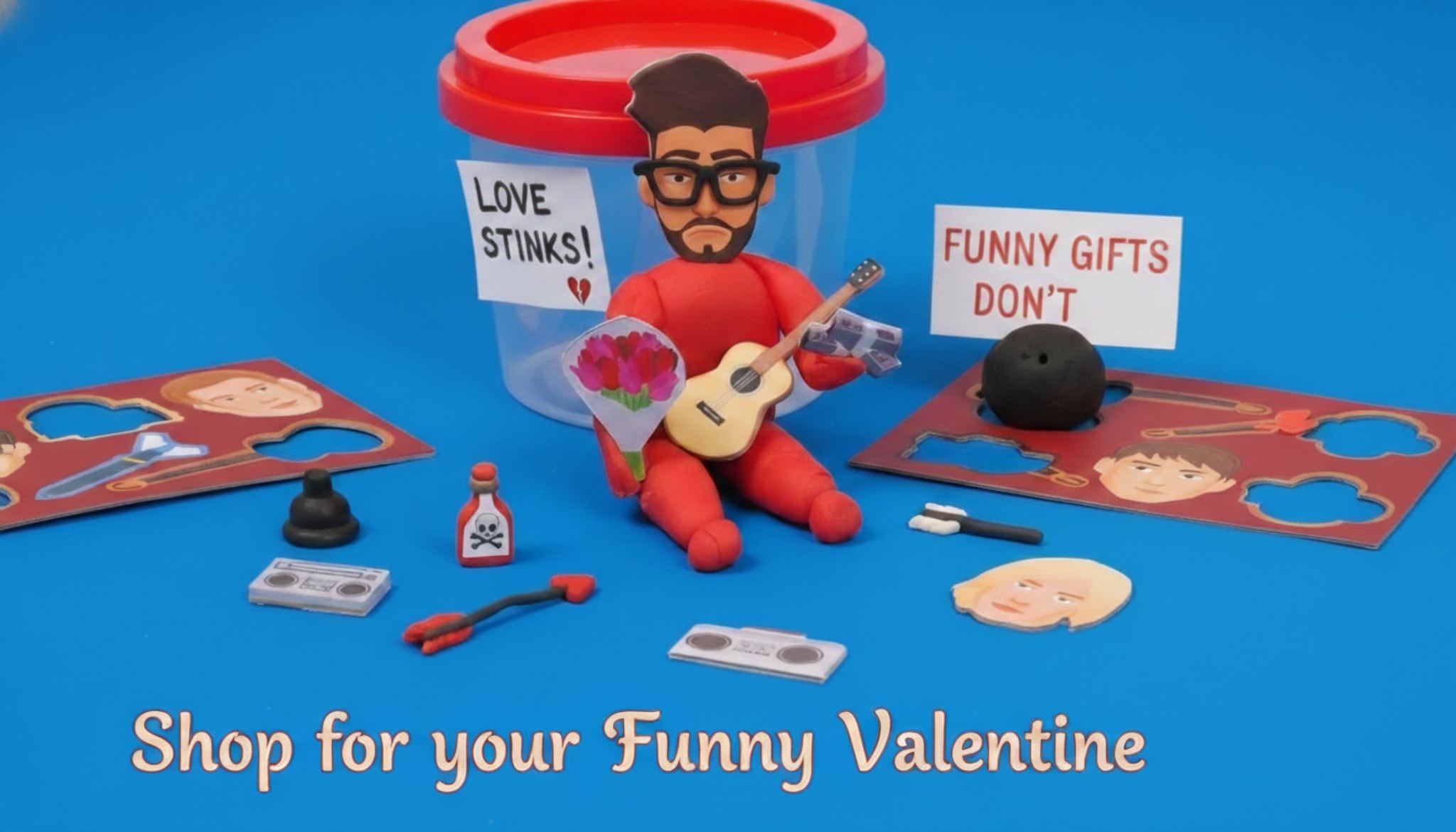 Funny anti-Valentine’s Day gift featuring a mould-your-own boyfriend kit and breakup humour gifts.