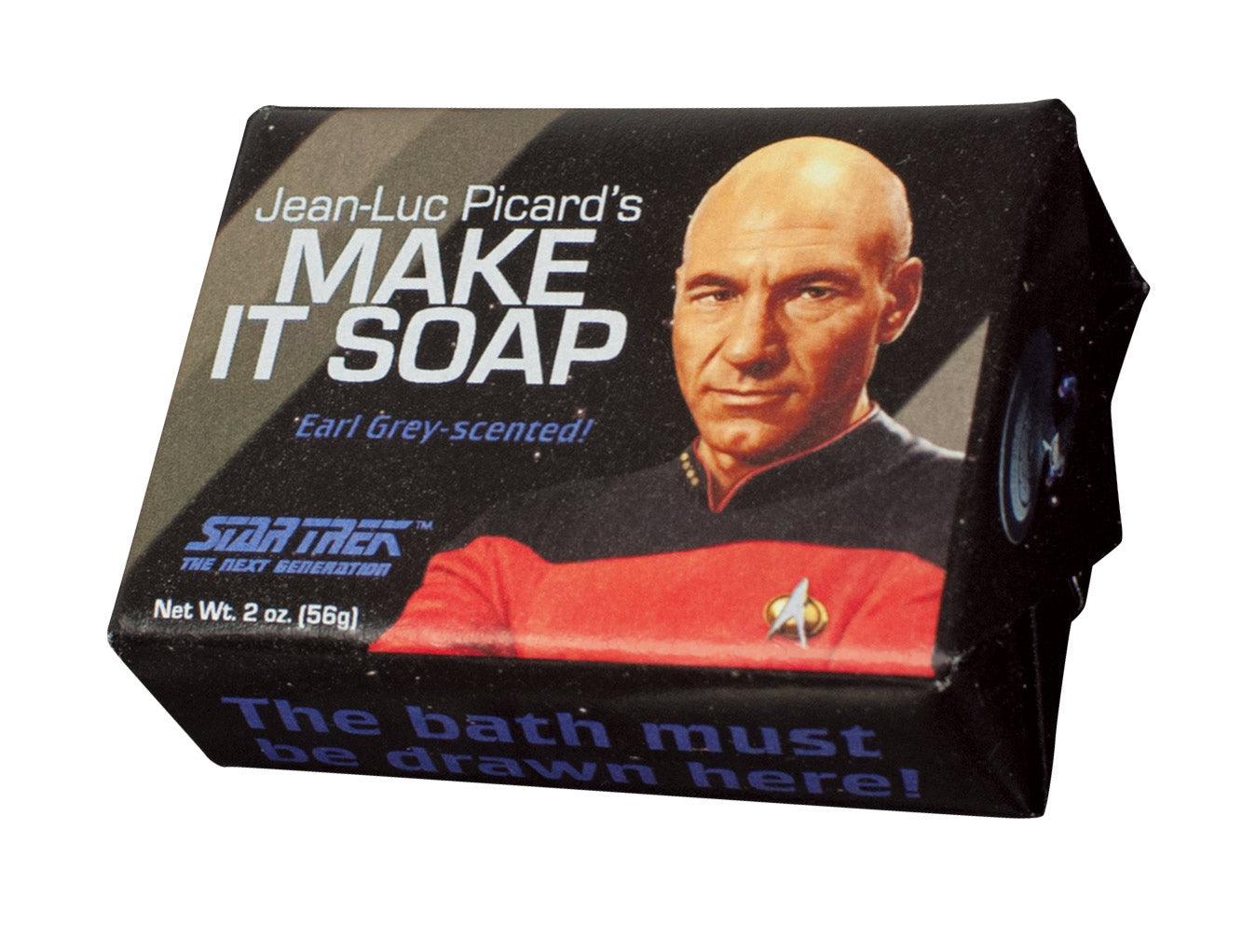 Jean-Luc Picard's Make It Soap Earl Grey Scented Bar of Soap in a Star Trek Themed wrapper.