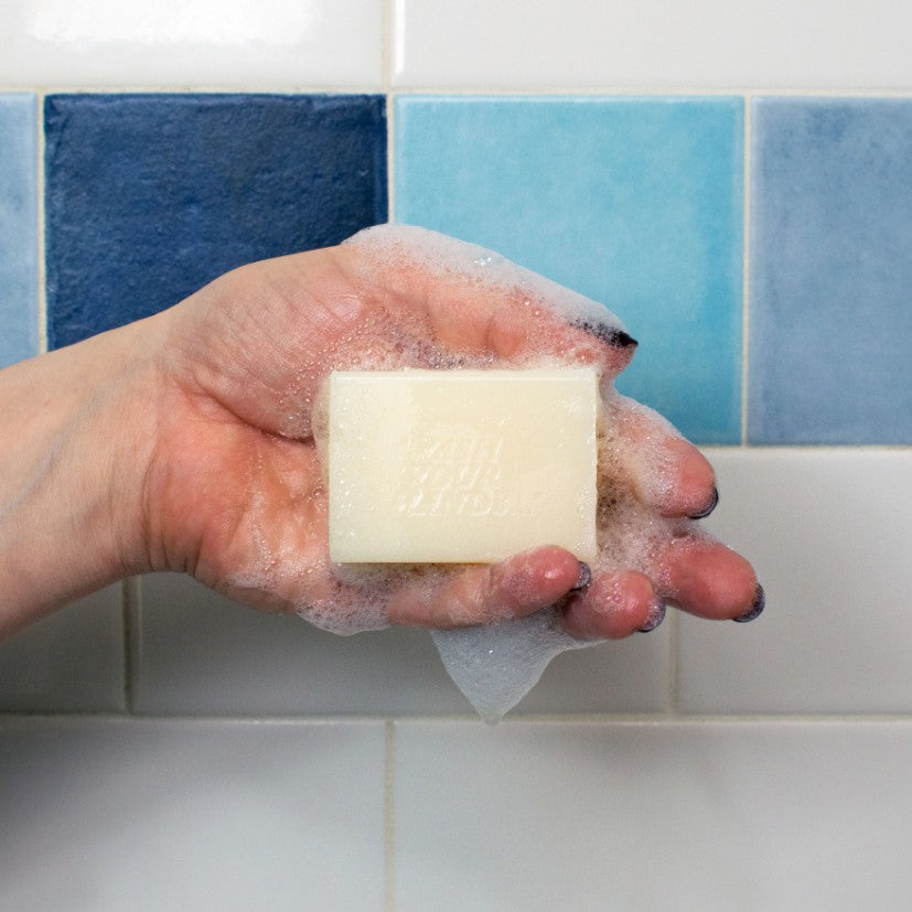 Lady MacBeth's Guest Soap in a soapy hand in the shower