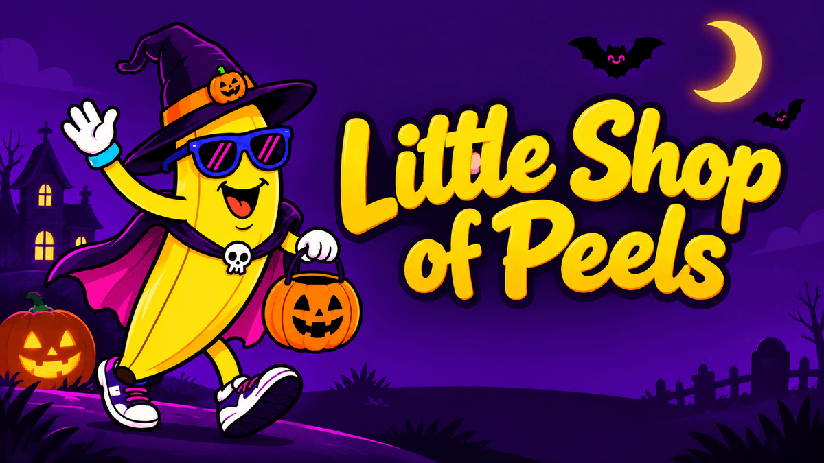 Little Shop of Peels Halloween banner featuring a cartoon banana, jack-o’-lanterns, bats, and a crescent moon
