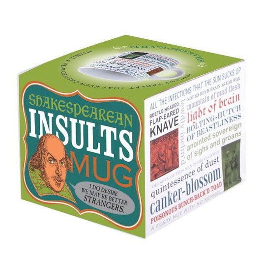 The Danna Bananas Shakespeare Insults Mug gift box, featuring a vintage illustration of Shakespeare, showcases clever insults like "canker-blossom" and "beetle-headed knave." The green box is filled with the Bard's humorous witticisms—an ideal quirky gift for any literary enthusiast.