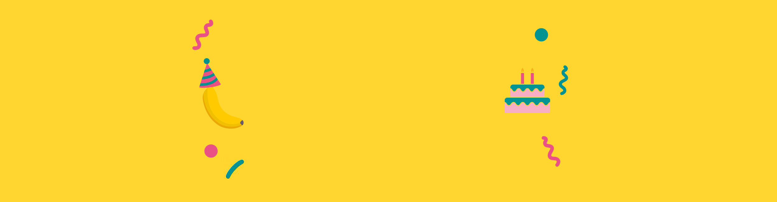 Bright banana-yellow birthday banner with a banana in a party hat and colorful streamers, promoting funny gifts at Danna Bananas.