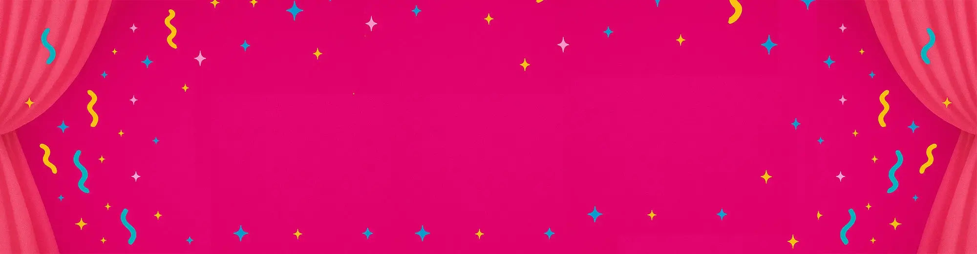 TA-DA! Our new website is here – let the laughs begin! Pink glitter curtains with confetti celebrate the Danna Bananas funny gifts relaunch.