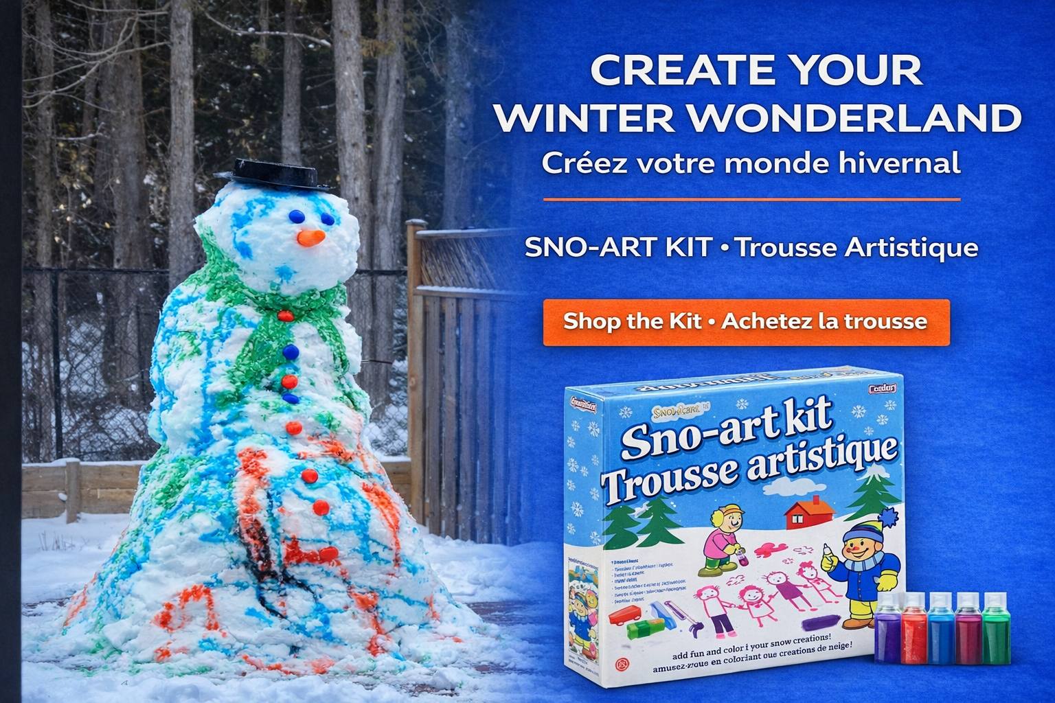 DIY snowman decorated with vibrant Sno-Art Kit designs beside Sno-Art Kit box and bilingual Create Your Winter Wonderland banner