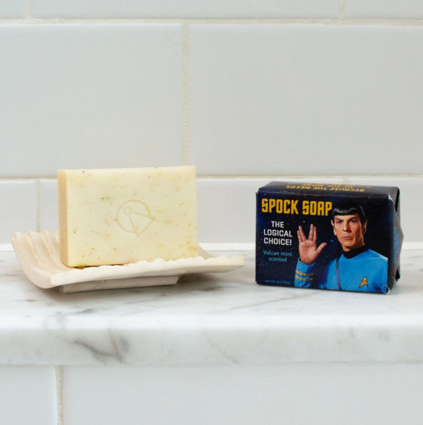 Spock Soap the Logical Choice. Soap wrapped in a Star Trek Themed wrapper  showing Spock and an unwrapped bar of soap showing the vulcan insignia stamped into the bar.