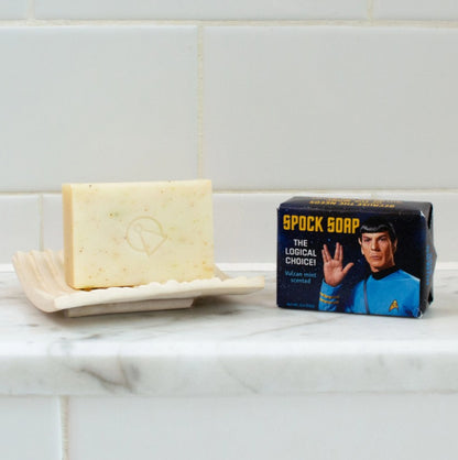 Spock Soap the Logical Choice. Soap wrapped in a Star Trek Themed wrapper  showing Spock and an unwrapped bar of soap showing the vulcan insignia stamped into the bar.