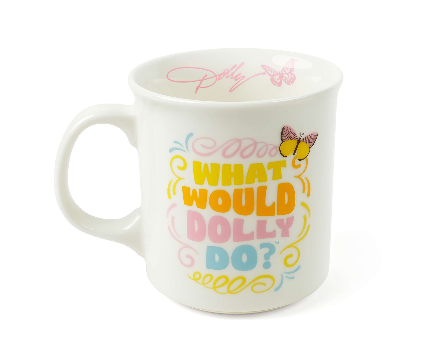 What Would Dolly Do coffee mug with colourful retro design and butterfly detail, funny Dolly Parton inspired gift mug