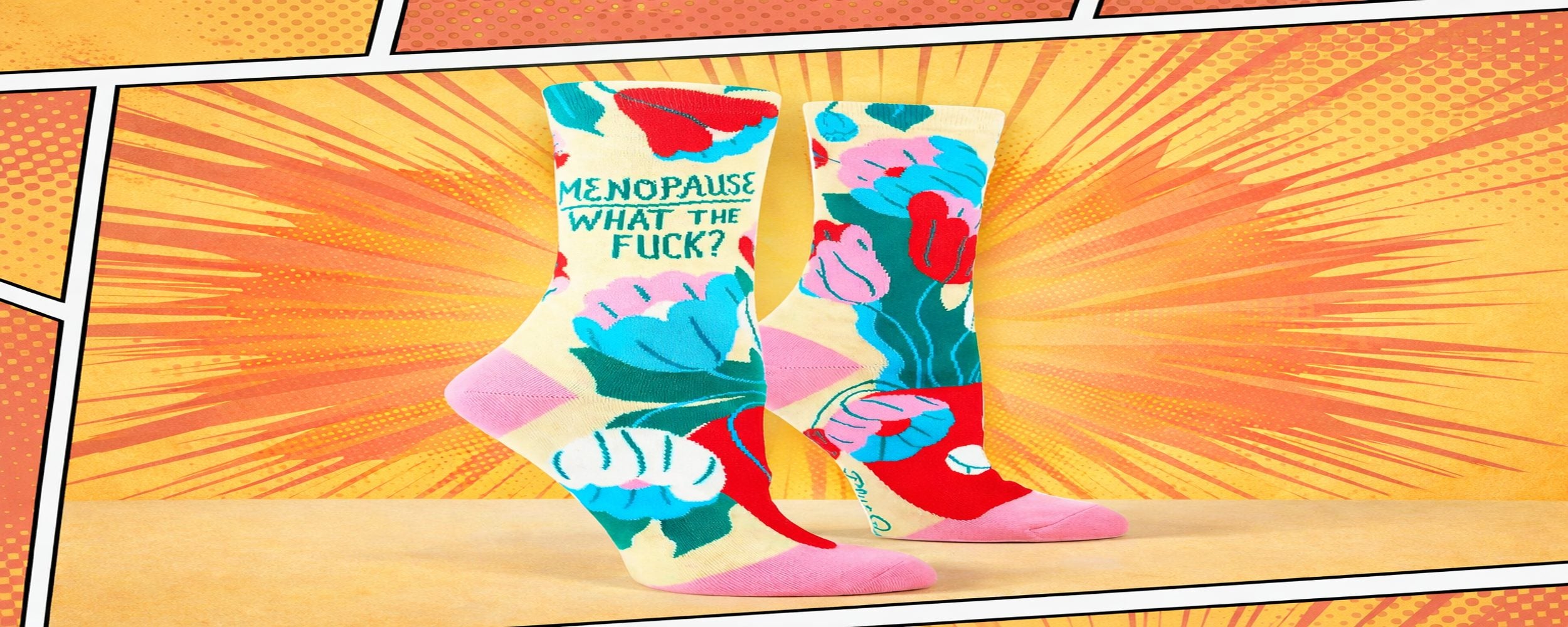 Funny novelty socks Canada featuring WTF Menopause design on retro comic burst background