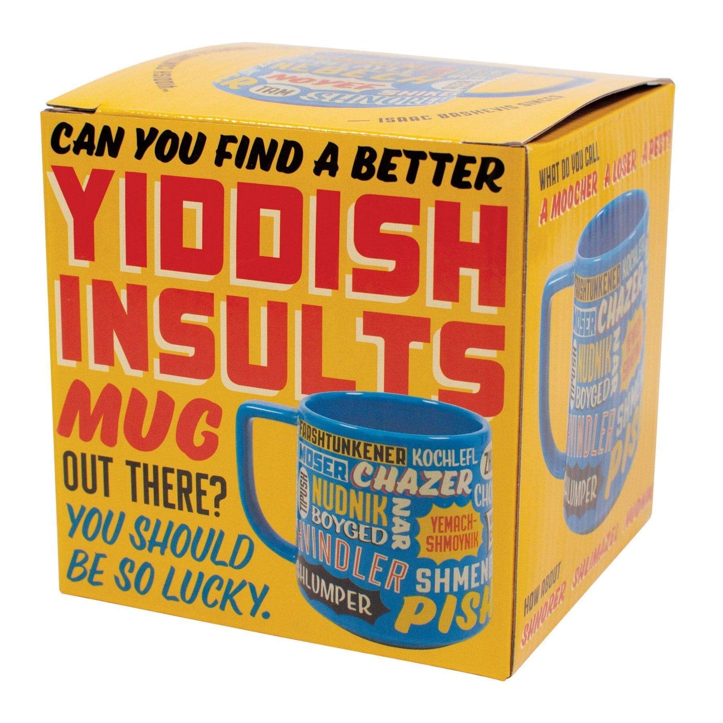 This is an image of a vibrant gift box for the "Yiddish Insults Mug" by Danna Bananas. The box features striking red and yellow text that reads, "Can you find a better Yiddish insults mug out there? You should be so lucky," along with mug graphics displaying various Yiddish words.