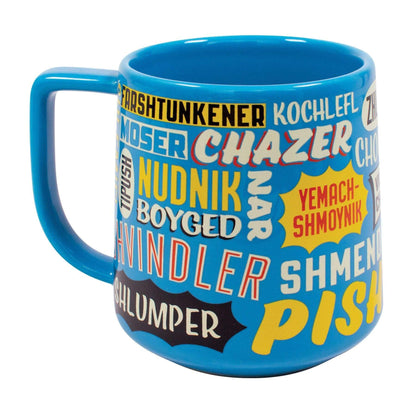 The Yiddish Insults Mug by Danna Bananas is a blue mug, ideal for gift box inclusion, featuring vibrant Yiddish insults in colorful, bold fonts. It prominently displays words like "Chazer," "Nudnik," and "Shlemiel," adding an eclectic and lively touch to its design.