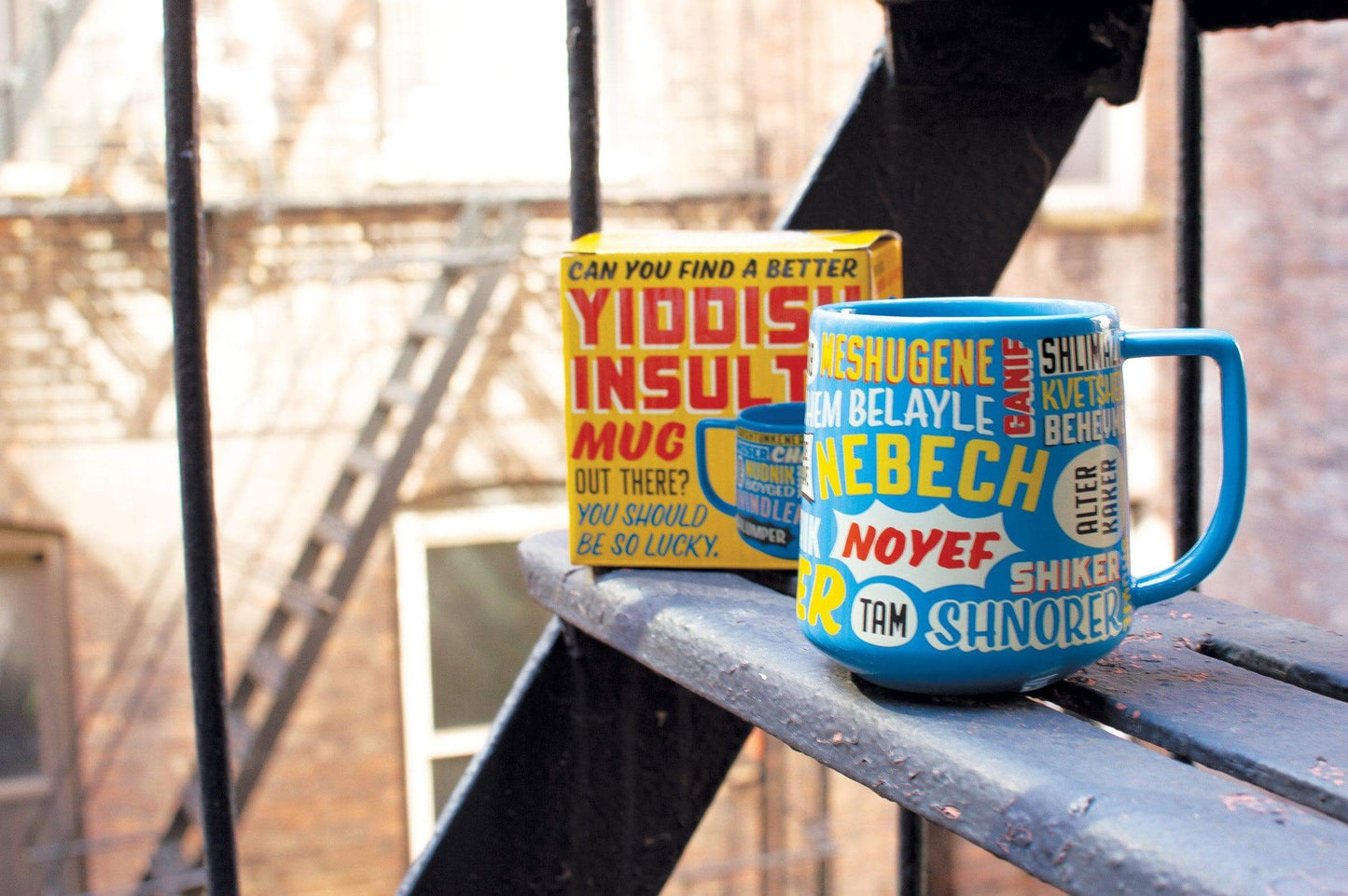 A blue Yiddish Insults Mug by Danna Bananas, decorated with vibrant Yiddish insults, sits on a fire escape next to its gift box, confidently posed with the question, "Can you find a better Yiddish insult mug out there? You should be so lucky." The brick exterior of the building adds rustic charm to the scene.