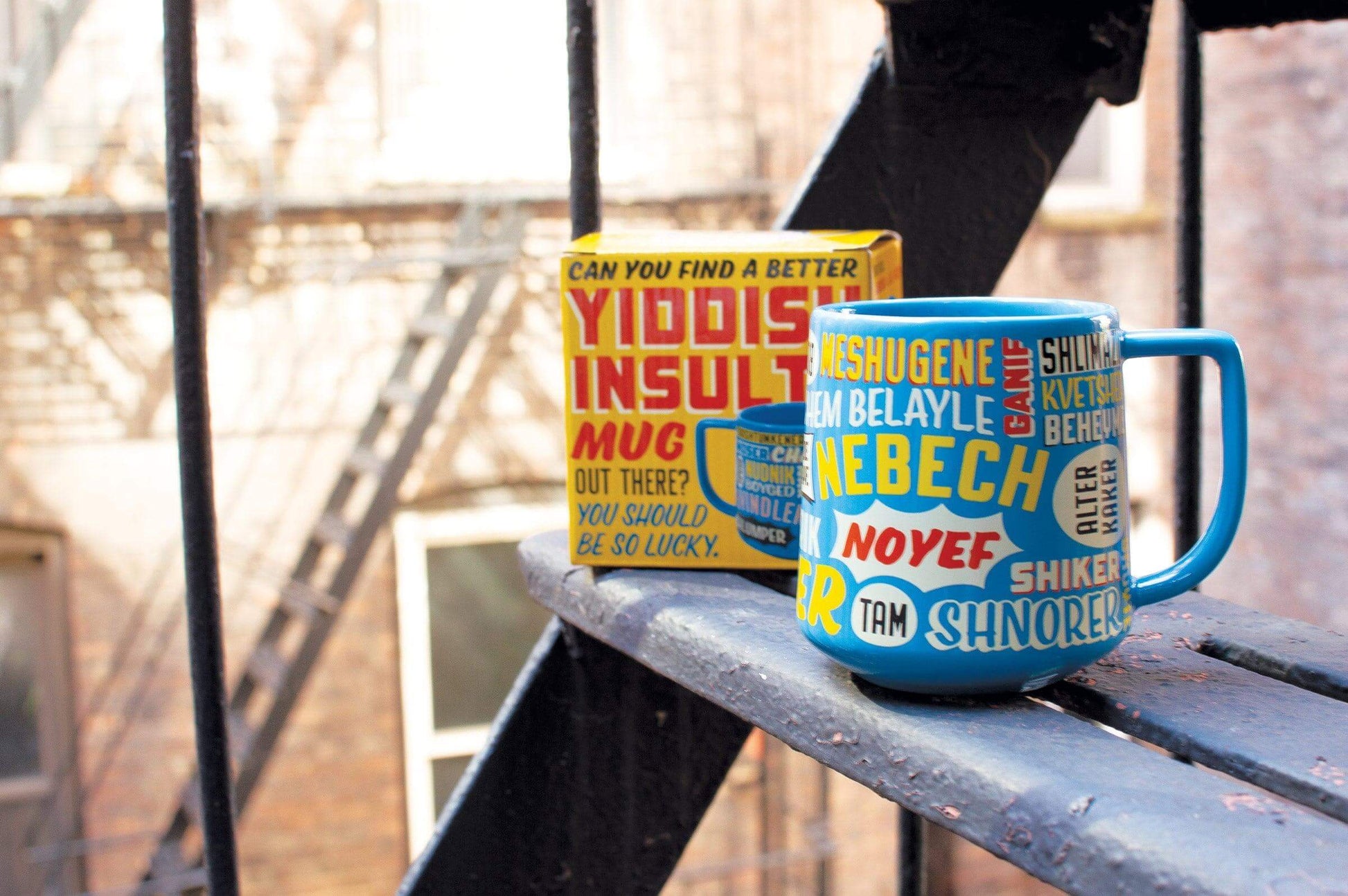 A blue Yiddish Insults Mug by Danna Bananas, decorated with vibrant Yiddish insults, sits on a fire escape next to its gift box, confidently posed with the question, "Can you find a better Yiddish insult mug out there? You should be so lucky." The brick exterior of the building adds rustic charm to the scene.