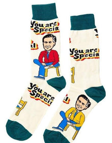 Funny “You Are Special” novelty socks shown from an alternate angle, retro TV host vibes with wholesome throwback humour for the delightfully weird.