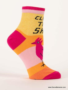 Pair of colourful women’s ankle socks with a pink chicken and the phrase “Cluck This Shit,” featuring bold yellow, orange, light pink, and hot pink stripes