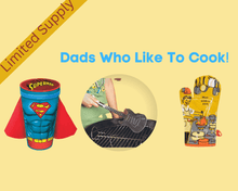 Superman Pint Glass,  Guitar BBQ Flipper and Man with a Pan oven mitt