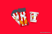 Socks with a picture of chicken and two chicken legs on them. Plus, a bucket with a picture of a chicken and the words, Fried Chicken Socks