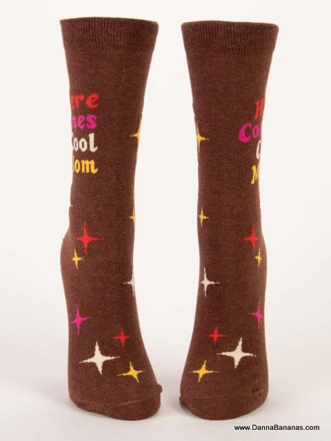 Brown women's crew socks that say Here Comes Cool Mom
