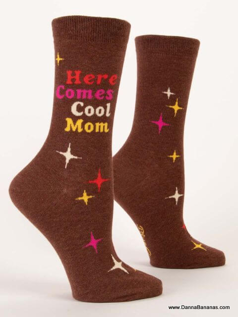 Brown women's crew socks that say Here Comes Cool Mom