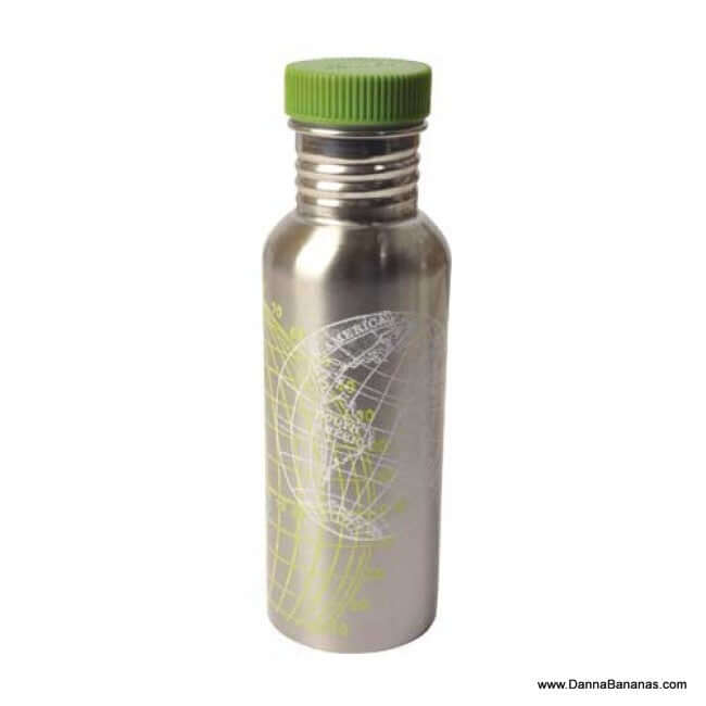 Introducing the "I'm Saving the Planet What Are You Doing" Stainless Steel Water Bottle by Blue Q, this eco-friendly bottle showcases a map-like design printed in white and is topped with a green screw-on lid.