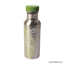 Introducing the "I'm Saving the Planet What Are You Doing" Stainless Steel Water Bottle by Blue Q, this eco-friendly bottle showcases a map-like design printed in white and is topped with a green screw-on lid.
