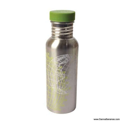 Introducing the "I'm Saving the Planet What Are You Doing" Stainless Steel Water Bottle by Blue Q, this eco-friendly bottle showcases a map-like design printed in white and is topped with a green screw-on lid.