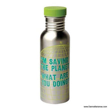 The "I'm Saving the Planet What Are You Doing Stainless Steel Water Bottle" by Blue Q features a stainless steel body with a green cap and showcases the text "I'M SAVING THE PLANET. WHAT ARE YOU DOING?" in bright green lettering. The bottle's background is adorned with a subtle globe design, highlighting its BPA-free and eco-friendly attributes.