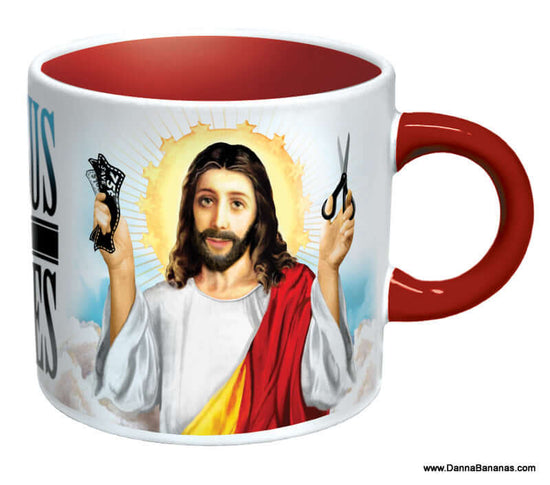 a mug with a picture of Jesus holding a hand and scissors