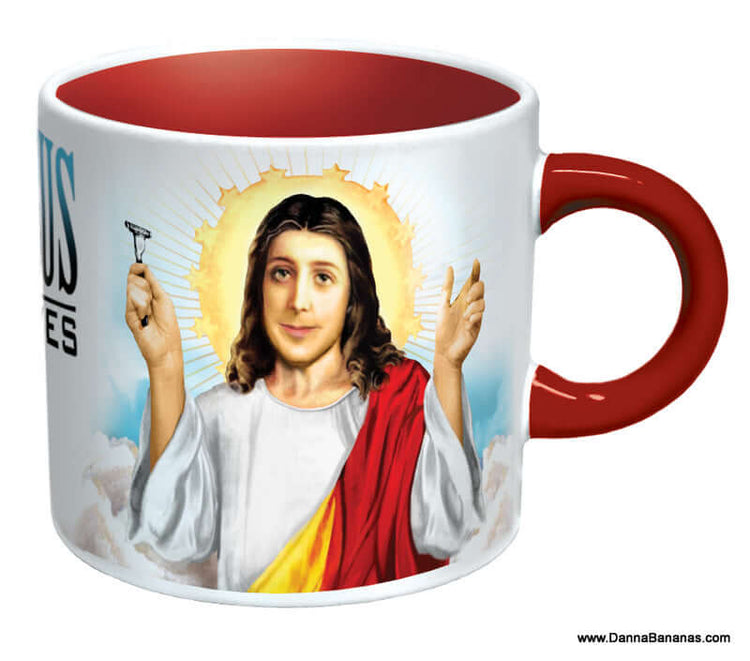 a mug with a picture of Jesus holding a hand and scissors