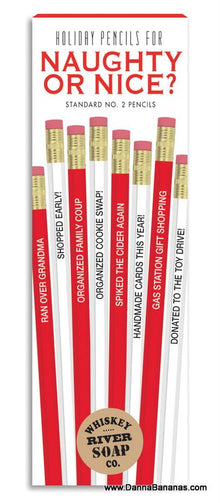 The Holiday Pencils For Naughty or Nice set by Whiskey River Soap Co. includes playful messages such as "Ran Over Grandma" and "Organized Family Coup," making it an ideal stocking stuffer with a humorous twist for your holiday list. These red and white pencils perfectly capture the cheeky spirit of the season.