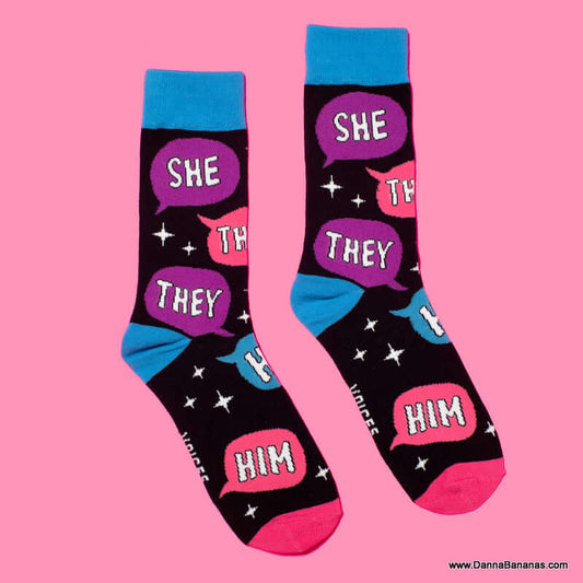 Pronouns Socks that read: she, they and him