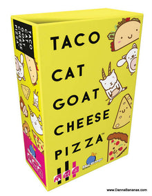 The vibrant yellow box of Outset Media's "Taco Cat Goat Cheese Pizza" card game, essential for family entertainment, showcases delightful cartoon illustrations of a taco, cat, goat, cheese, and pizza slice. With its striking logos and website displayed on the front, it makes an ideal addition to any board game collection.