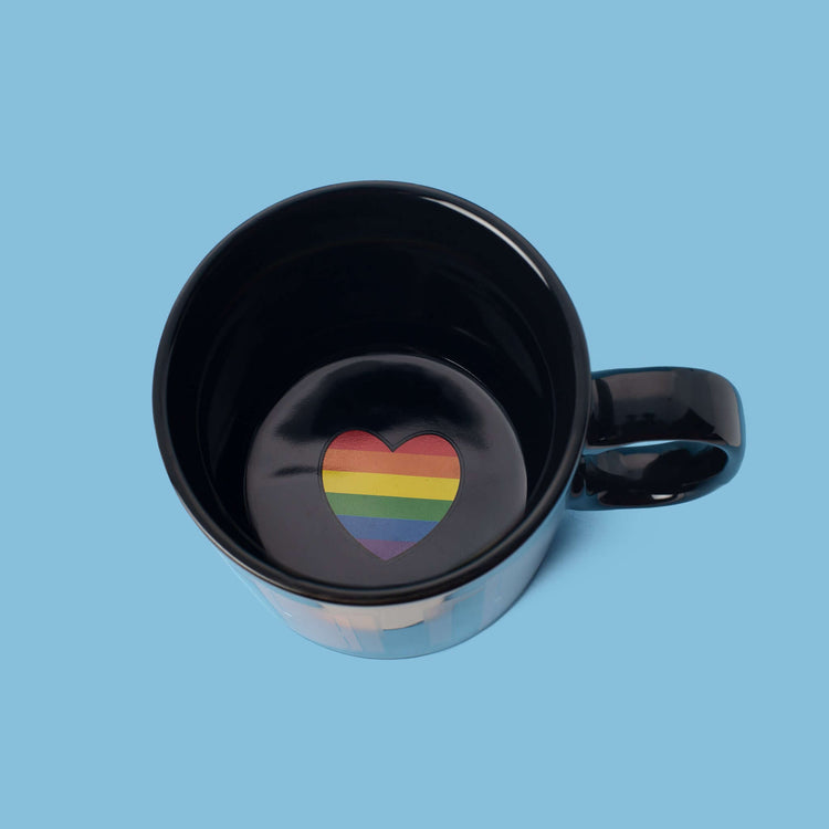 Proud Closet Heat Changing Mug with rainbow coloured heart in the centre of the mug