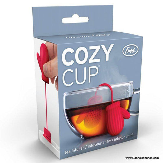 Cozy Cup tea infuser box with red mittens shown