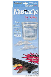 Packaging for the Danna Bananas Mustache Ice Cube Tray. The image displays the front of the package, showcasing a clear glass with mustache-shaped ice cubes floating inside. The text reads "Mustache Ice Cube Tray: This drink accessory is so cool it's downright FRIGID!
