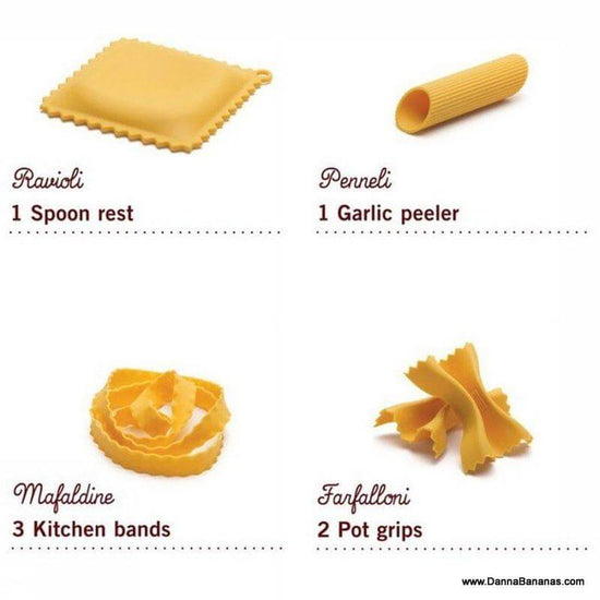 Pasta Grande - Fun Pasta Shaped Silicone Kitchen Tools in a Gift Box / 4 of  our Pasta-shaped kitchen gadgets in one festive giftbox/Farfalloni