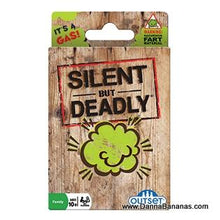 The "Silent But Deadly" Card Game from Danna Bananas is a kid's card game set with a rustic wood design and a green cartoon cloud. It features the text "Silent But Deadly" alongside an "It's a Gas!" label, offering amusing fart facts. Suitable for ages 10 and up, it can be found at DannaBananas.com.