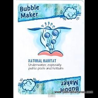 The "Silent But Deadly Card Game" by Danna Bananas includes a playful card called "Bubble Maker," which showcases an abstract creature surrounded by bubbles. This card humorously mentions that its natural setting is underwater, particularly in public pools and hot tubs, adding a wonderfully silly touch to any child's card game collection.