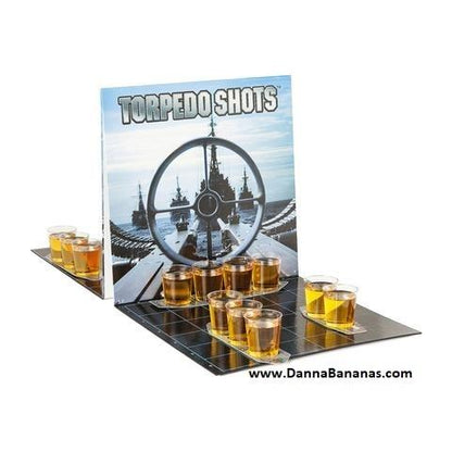 Torpedo Shots" by Danna Bananas is a party game with a naval theme, where shot glasses are arranged on a board similar to the Battleship game. The background features an image of a battleship wheel, while www.DannaBananas.com is printed at the bottom right corner.
