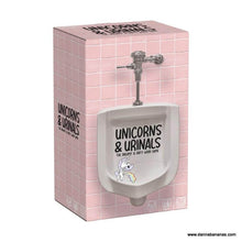 The packaging for "Unicorns and Urinals Game" by Danna Bananas is a whimsical adult party game with pink tiles, creatively showcasing an illustration of a urinal paired with a small unicorn, enhancing the charm and humor of the themed design.